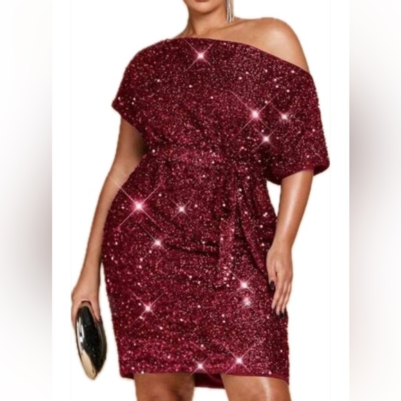 Luxe Plus Size Off Shoulder Sequin Belted Holiday Evening Dress Burgundy - Picture 4 of 5